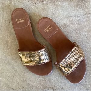 Stuart Weitzman Gold Chainmail Slide Flat Sandals Sz.6.5 Made In Spain MSRP $345